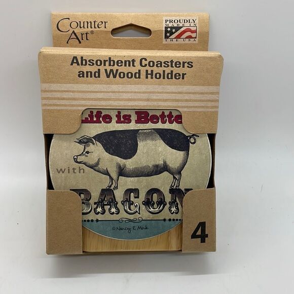 New CounterArt Absorbent Coaster Set (4) Pig  with Wood Holder 4" square Gift - Picture 1 of 8